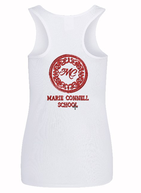 Back view of Arctic White Cool Vest for Marie Connell Dance School