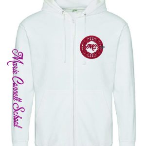 Front view of Arctic White Zip Hoodie for Marie Connell Dance School