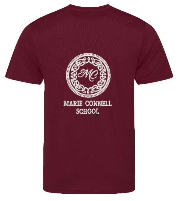 Back view of Burgundy Cool T-Shirt for Marie Connell Dance School