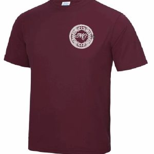 Front view of Burgundy Cool T-Shirt for Marie Connell Dance School