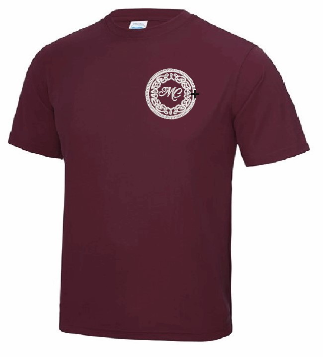 Front view of Burgundy Cool T-Shirt for Marie Connell Dance School