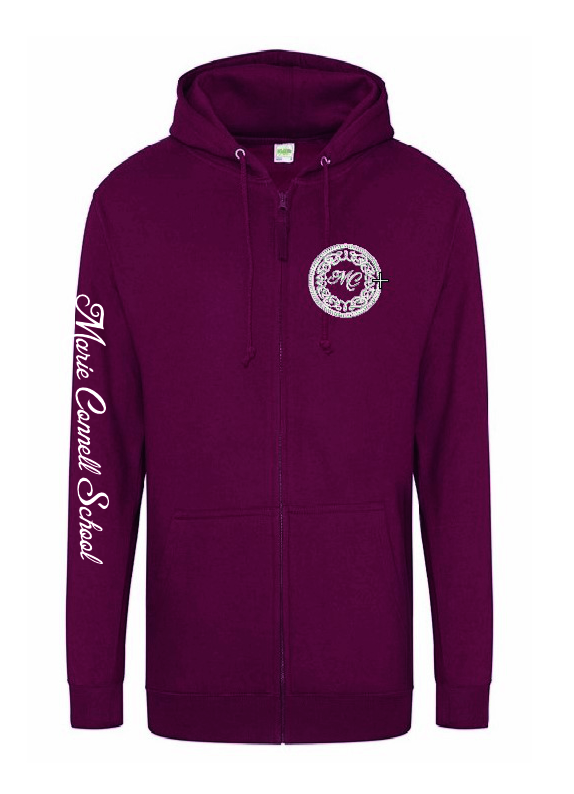 Front view of Burgundy Zip Hoodie for Marie Connell Dance School