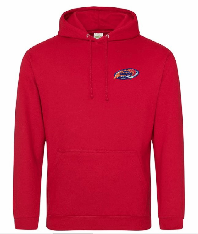 Front view of Fire Red Hoodie for The Chilwell Comets Basketball Club