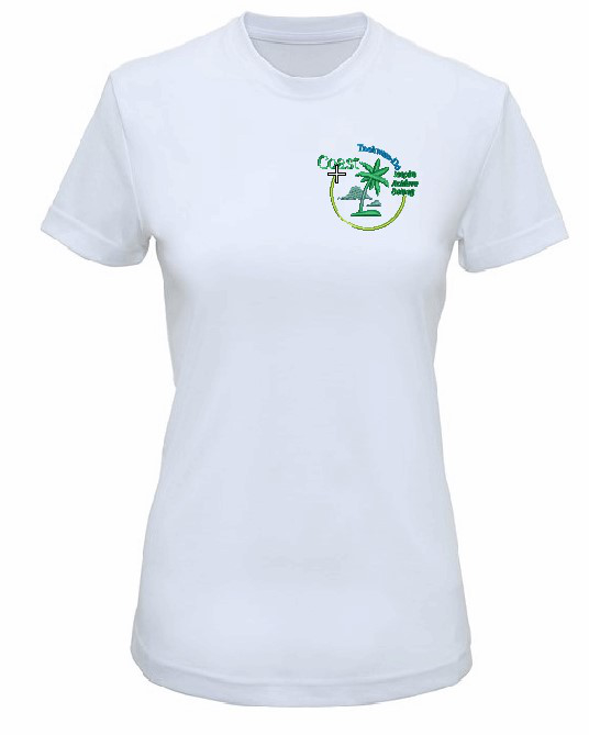 Front view of Ladies Fit White Performance T-Shirt for Coast Taekwon-Do