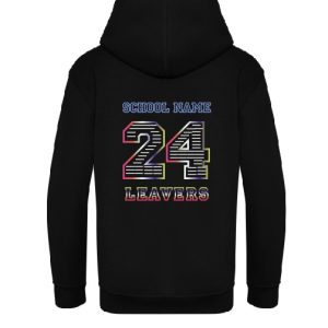 School Leavers Hoodie from Simply First with multi-coloured lettering. For 2024. Sizes 3XL to 5XL