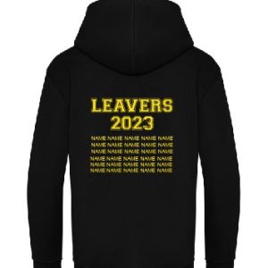 School Leavers Hoodie from Simply First with yellow lettering. For 2024. Sizes 3XL to 5XL