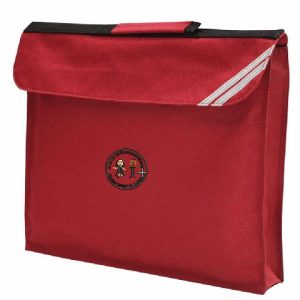 Expandable Book Bag in red with school logo for Albany Infant and Nursery School
